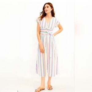 Loft Striped Button Tie Waist Midi Dress, Size 8